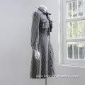 Women Casual Black-and-white Checked Long-sleeved Dress